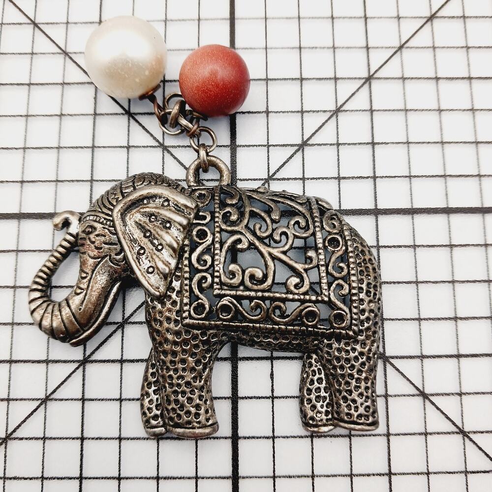 Pendant Elephant Faux Pearl Silver Tone Boho Safari Orante Filigree Y2K Openwork